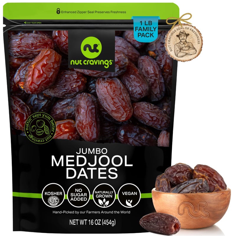 NUT CRAVINGS - Sun Dried Jumbo Medjool Dates, No Sugar Added, Unsulphured (16oz, 1 LB) Bulk Dry Fruits Packed Fresh in Resealable Bag - Sweet Healthy Snack, Naturally Grown, Vegan, Kosher - Image 1